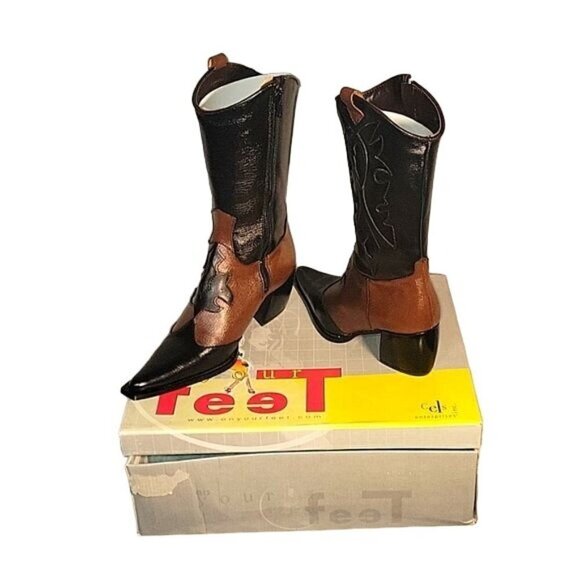 ON YOUR FEET Women's‎ Cowboy Boots Black Brown Detailed Zippered Embellished NEW - Picture 1 of 5
